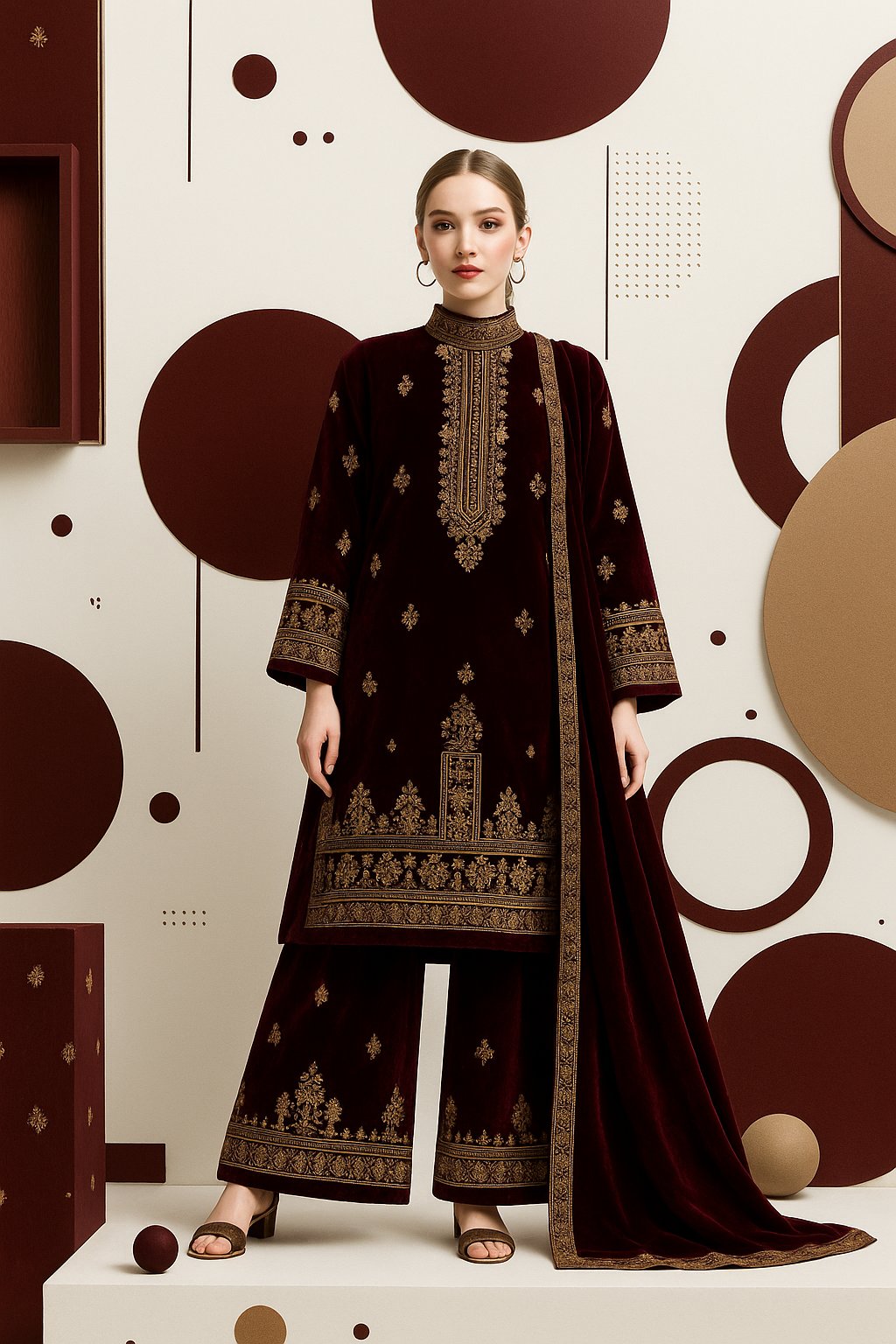 "A graceful South Asian female model dressed in a deep maroon velvet