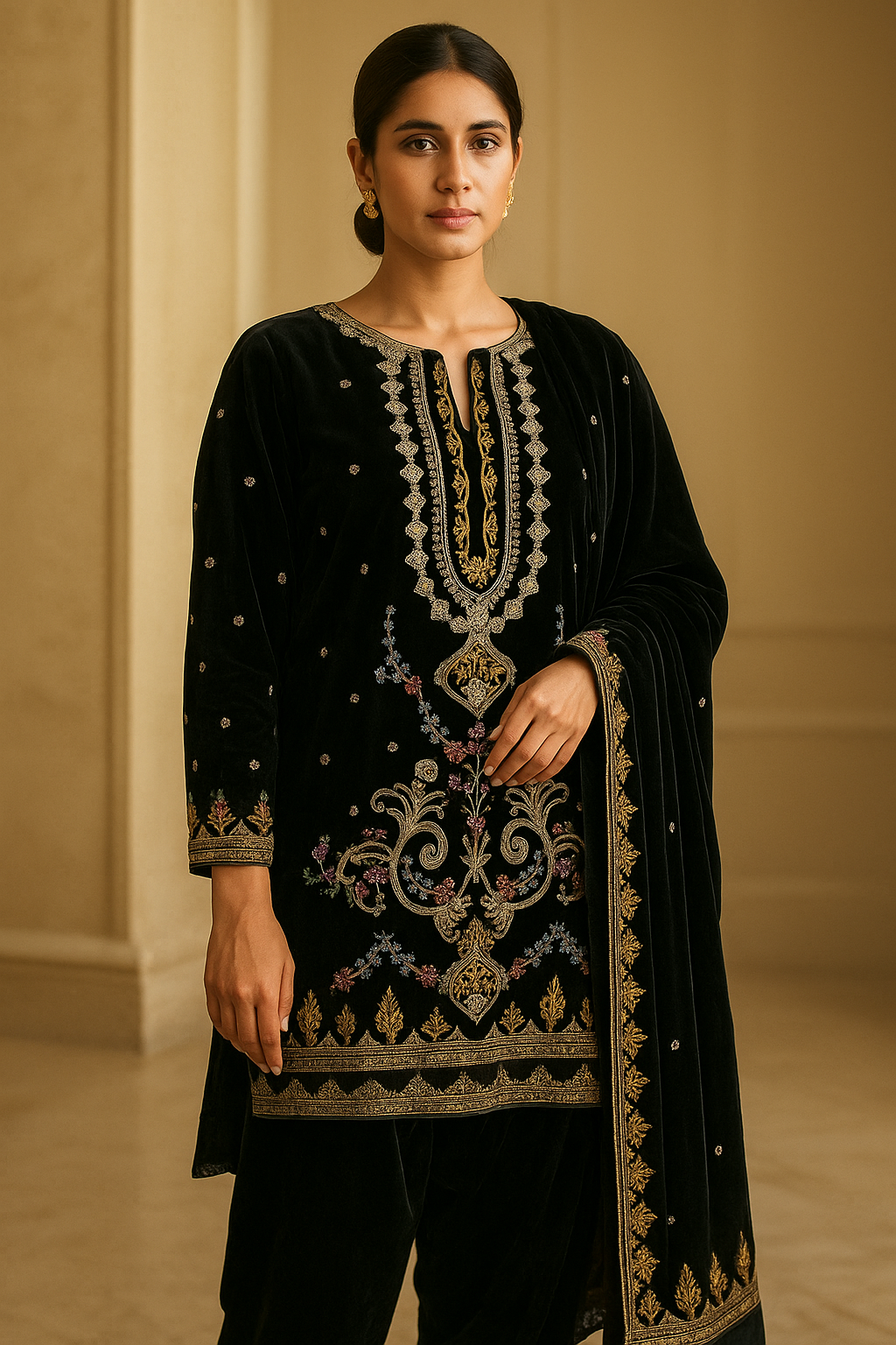 "Kasuri Velvet – Signature 3-Piece Velvet Suit for Women (Embroidered | Formal Wear)