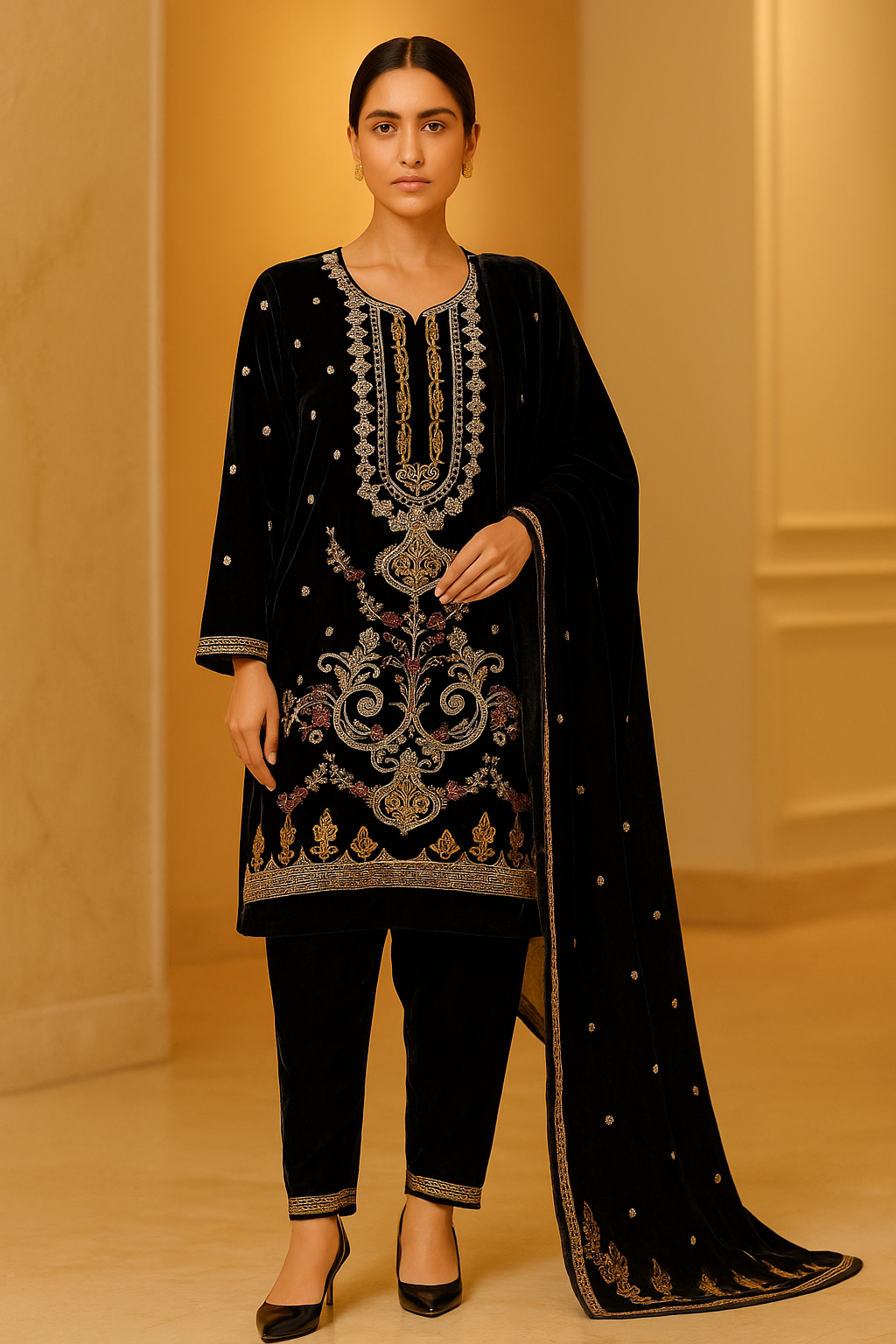 "Kasuri Velvet – Signature 3-Piece Velvet Suit for Women (Embroidered | Formal Wear)