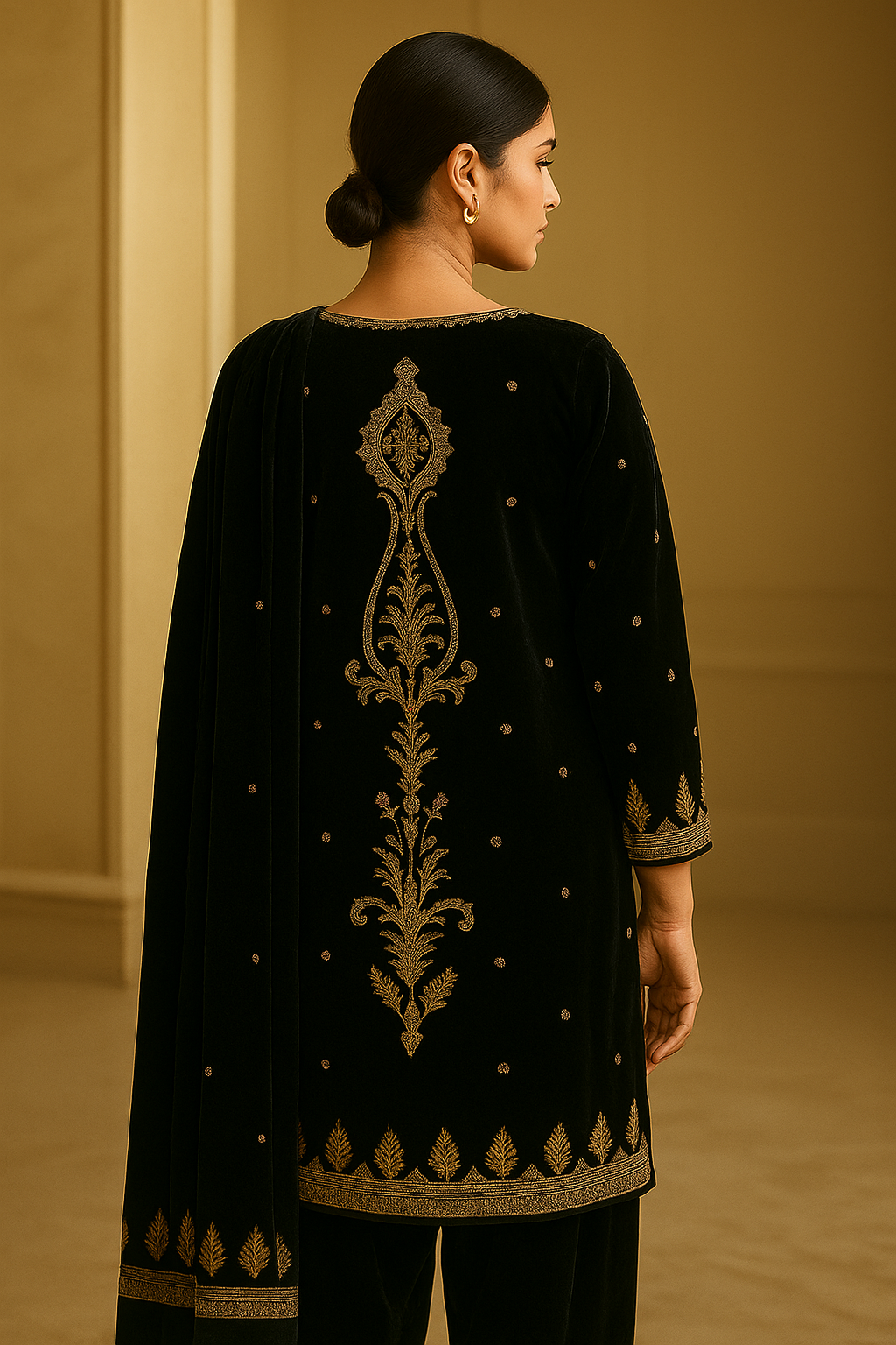 "Kasuri Velvet – Signature 3-Piece Velvet Suit for Women (Embroidered | Formal Wear)