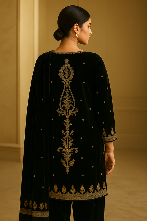 "Kasuri Velvet – Signature 3-Piece Velvet Suit for Women (Embroidered | Formal Wear)