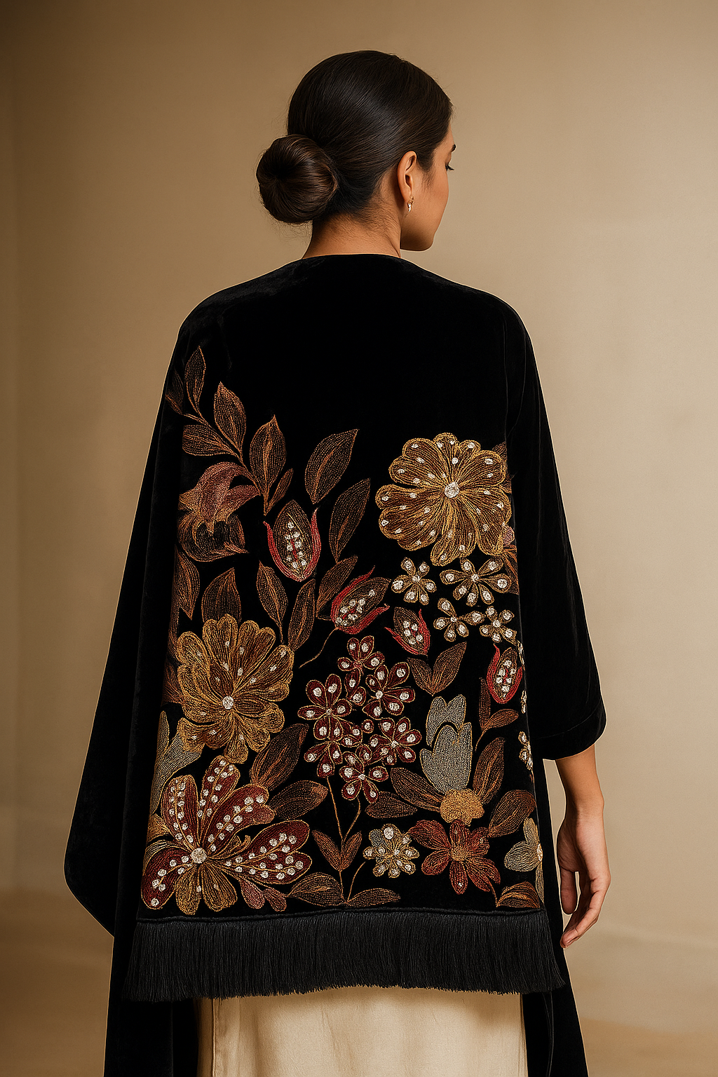 Embroidered Velvet Shawl – Back Drape View | Luxury Traditional Wrap for Women