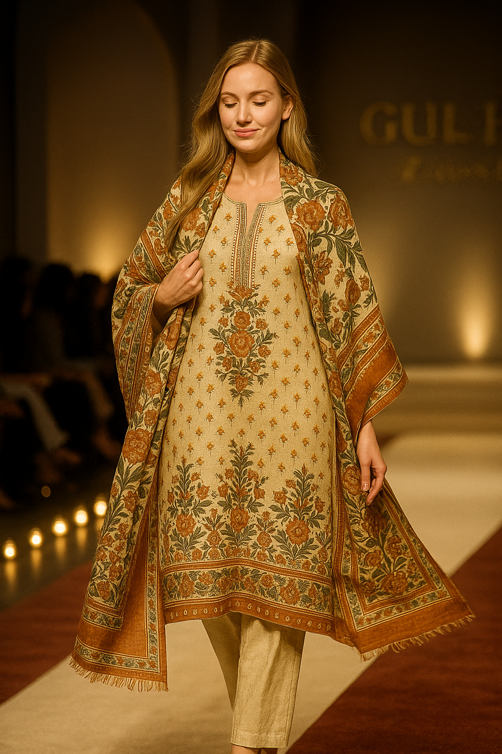 "Cream & Rust Floral Dupatta – Traditional Block Print Elegance | Gul-e-Zainab"